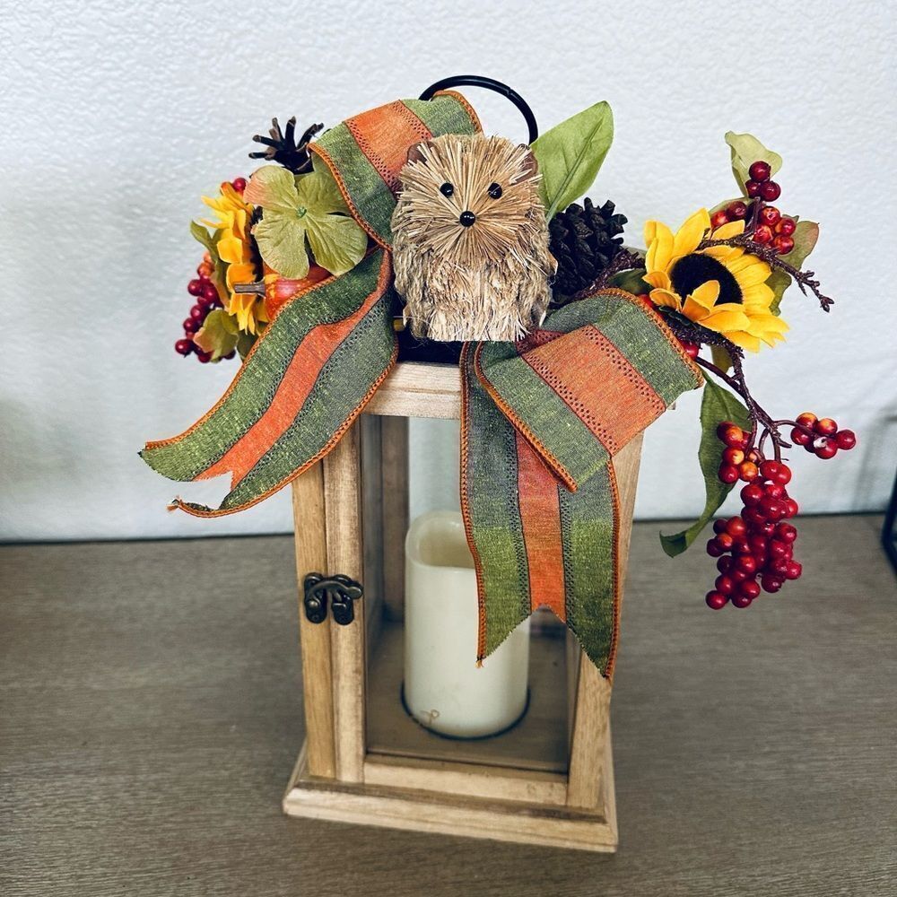 Fall Autumn Woodland Hedgehog Floral Battery Candle Lantern Decor